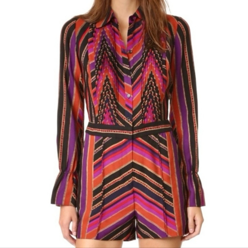DVF Retro Jumpsuit Ariella Silk Wool Blend Vibrant Striped Button-Up Size 2